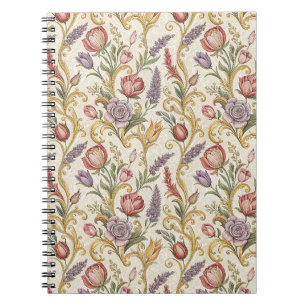 Caderno Espiral Arte de padrão de rolagem floral vintage francês o