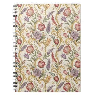 Caderno Espiral Arte de padrão de rolagem floral vintage francês o