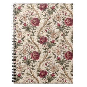 Caderno Espiral Arte de padrão floral de rosa e damasco vitoriano