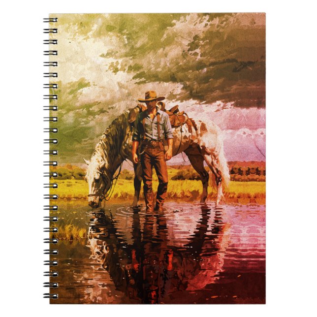 Caderno Espiral Arte de Parede com Reflexo de Cowboy e Cavalo – Oc (Frente)