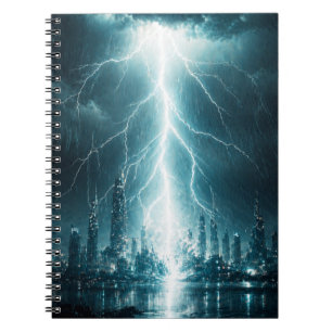 Caderno Espiral Arte de Parede com Relâmpago de Cidade Futurista –