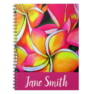 Caderno Espiral Arte de praia Frangipani Plumeria neon rosa