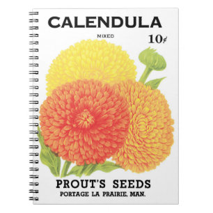 Caderno Espiral Arte de rótulo de pacote de sementes vintage, flor