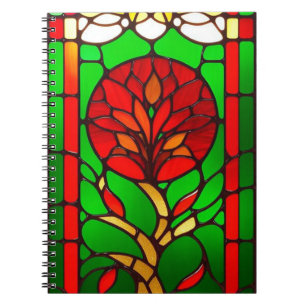 Caderno Espiral Arte de Vidro Manchado Flor Vermelha Elegante