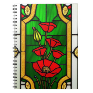Caderno Espiral Arte de Vidro Manchado Flor Vermelha Elegante