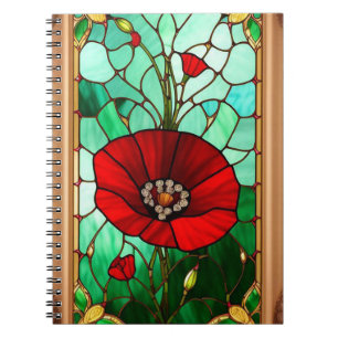 Caderno Espiral Arte de Vidro Manchado Flor Vermelha Vibrante