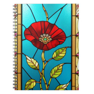 Caderno Espiral Arte de Vidro Manchado Flor Vermelha Vibrante
