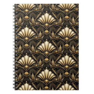 Caderno Espiral Arte Deco Arquitetônico   Clássico Preto Dourado