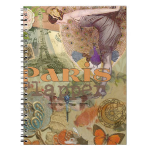 Caderno Espiral Arte Deco Colagem de Pavão Flapper Paris Antigo