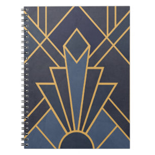 Caderno Espiral Arte Deco inspiração em azul e ouro