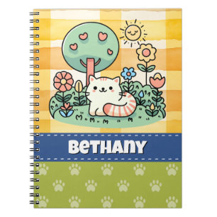 Caderno Espiral Arte Desenhada de Gato Fofo em um Jardim Personali