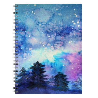 Caderno Espiral Arte do Espaço de Aquarela: Árvores do Céu Noturno