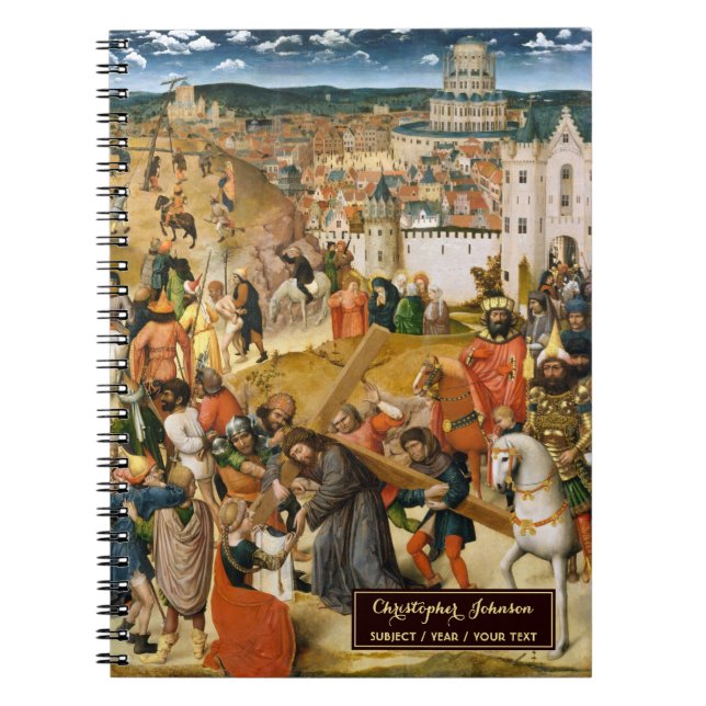 Caderno Espiral Arte do monograma dourado do Cristo carregando a c (Frente)