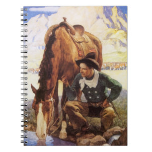Caderno Espiral Arte do vintage, vaqueiro que molha seu cavalo por