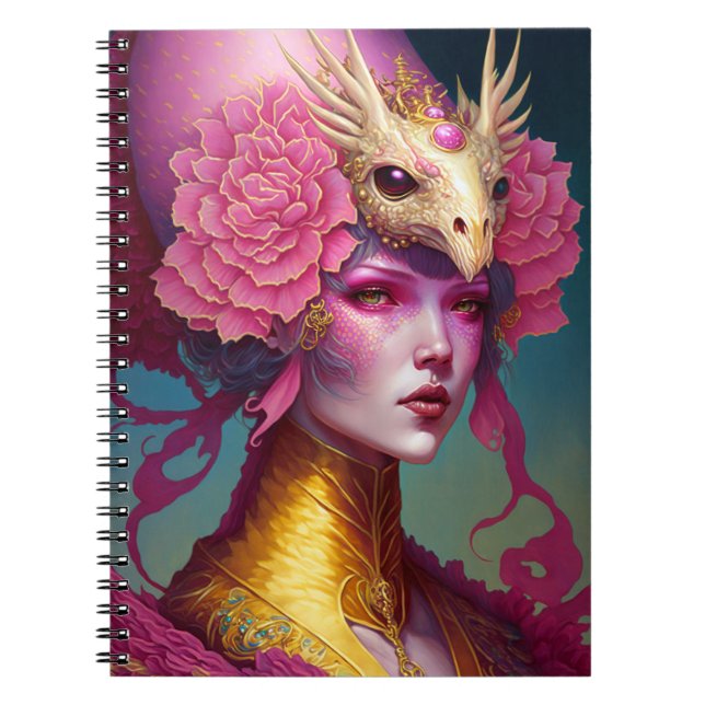 Caderno Espiral Arte Fantástica de Mulher do Caveira Rosa Dragão (Frente)
