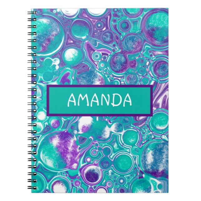 Caderno Espiral Arte fluida de mármore roxa e teal personalizada (Frente)