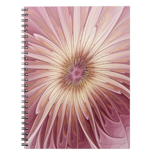 Caderno Espiral Arte fractal de flor abstrata e tons de Borgonha (Frente)