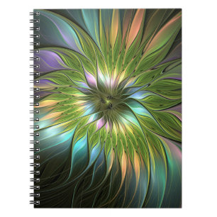 Caderno Espiral Arte Fractal de Flor Fantasia Colorida Luminosa