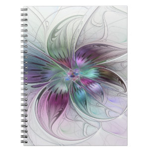 Caderno Espiral Arte Fractal Floral Moderno Abstrato Colorido
