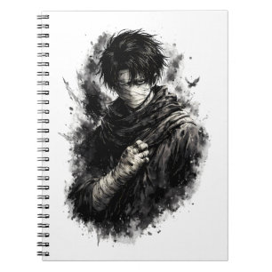 Caderno Espiral Arte Grunge de Ninja Guerreiro Anime Sombrio Enfai