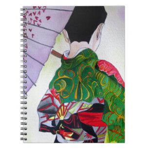 Caderno Espiral Arte japonesa da gueixa com quimono e guarda-chuva