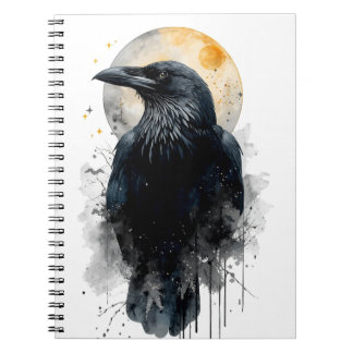 Caderno Espiral Arte Mística de Aguarela do Corvo | Lua Gótica Cor