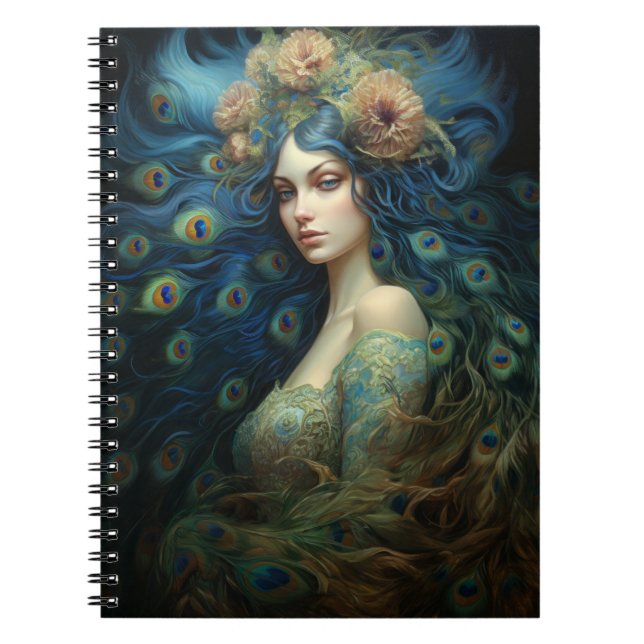 Caderno Espiral Arte Moderna com Penas de Mulher e Pavão (Frente)