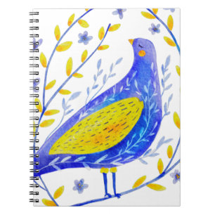 Caderno Espiral Arte Moderna de Pássaro Azul e Amarelo em Aquarela