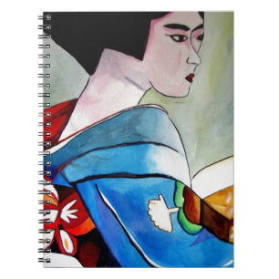 Caderno Espiral Arte original de Geisha Japonesa com Quimono Azul