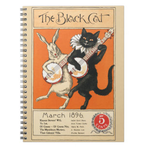 Caderno Espiral Arte Retro Laranja Gato Preto Coelho Branco Banjo