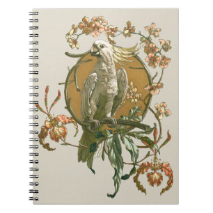 Caderno Espiral Arte Vintage Art Nouveau, Pássaro Cacatua, Flores 
