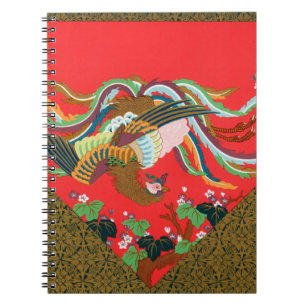 Caderno Espiral Arte Vintage do Pássaro Fênix Vermelho Japonês G.A