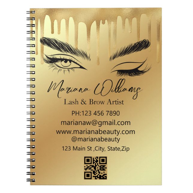 Caderno Espiral artista de cílios e sobrancelhas qr code dourado p (Frente)