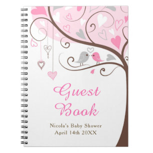 Caderno Espiral Árvore Corações De Pássaros Rosa Chás De Bebê