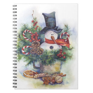 Caderno Espiral Árvore de Natal de Watercolor Snowman no inverno 