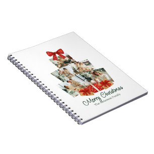 Caderno Espiral Árvore de Natal Família com Laço Vermelho em Aquar