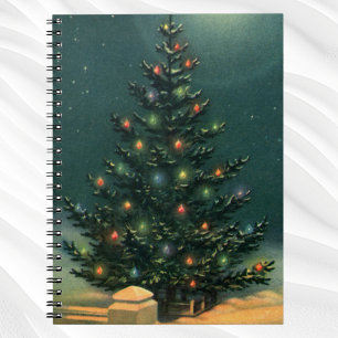 Caderno Espiral Árvore de Natal Vintage à Noite com Luzes e Neve