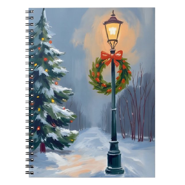 Caderno Espiral Árvore de poste de luz de grinalda de Natal (Frente)
