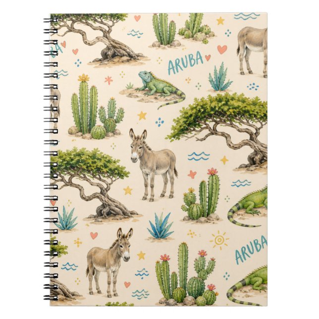 Caderno Espiral Árvore divi de Aruba, burro, iguana, cacto (Frente)