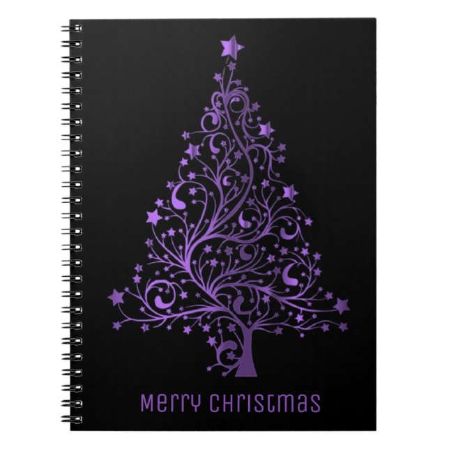Caderno Espiral Árvore Feliz de Natal Estrelas Metálicas Negras (Frente)
