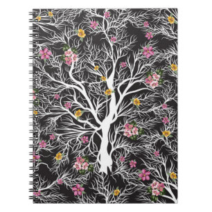 Caderno Espiral árvore preta sem costura com padrão floral colorid