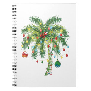 Caderno Espiral Árvore tropical de palma de Natal com luzes e orna