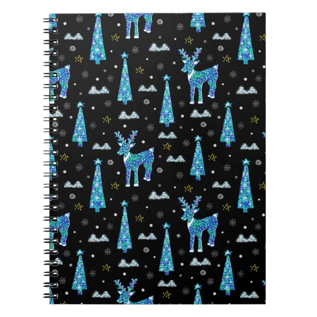 Caderno Espiral Árvores de Natal, flocos de neve de renas. Ilhus d (Frente)