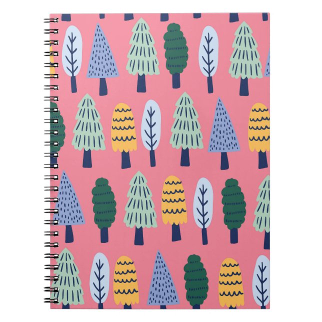 Caderno Espiral Árvores de pinheiro fofas: padrão infantil. (Frente)