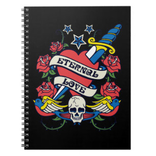 Caderno Espiral Asas eternos do crânio dos rosas da faca do