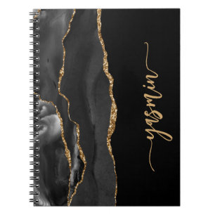 Caderno Espiral Assinatura Personalizada Agate Dourado Preto