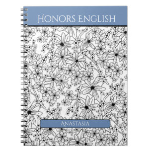 Caderno Espiral Assunto da Escola do Nome Azul Branco Negro Floral