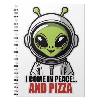 Caderno Espiral Astronauta Alien Fofo "Venho em Paz e Pizza"