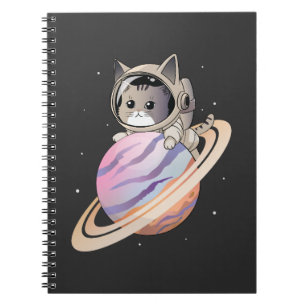 Caderno Espiral Astronauta de Gato Espacial com Planeta Saturno