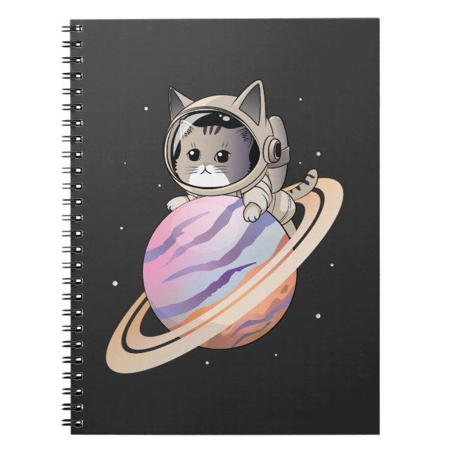 Caderno Espiral Astronauta de Gato Espacial com Planeta Saturno (Frente)